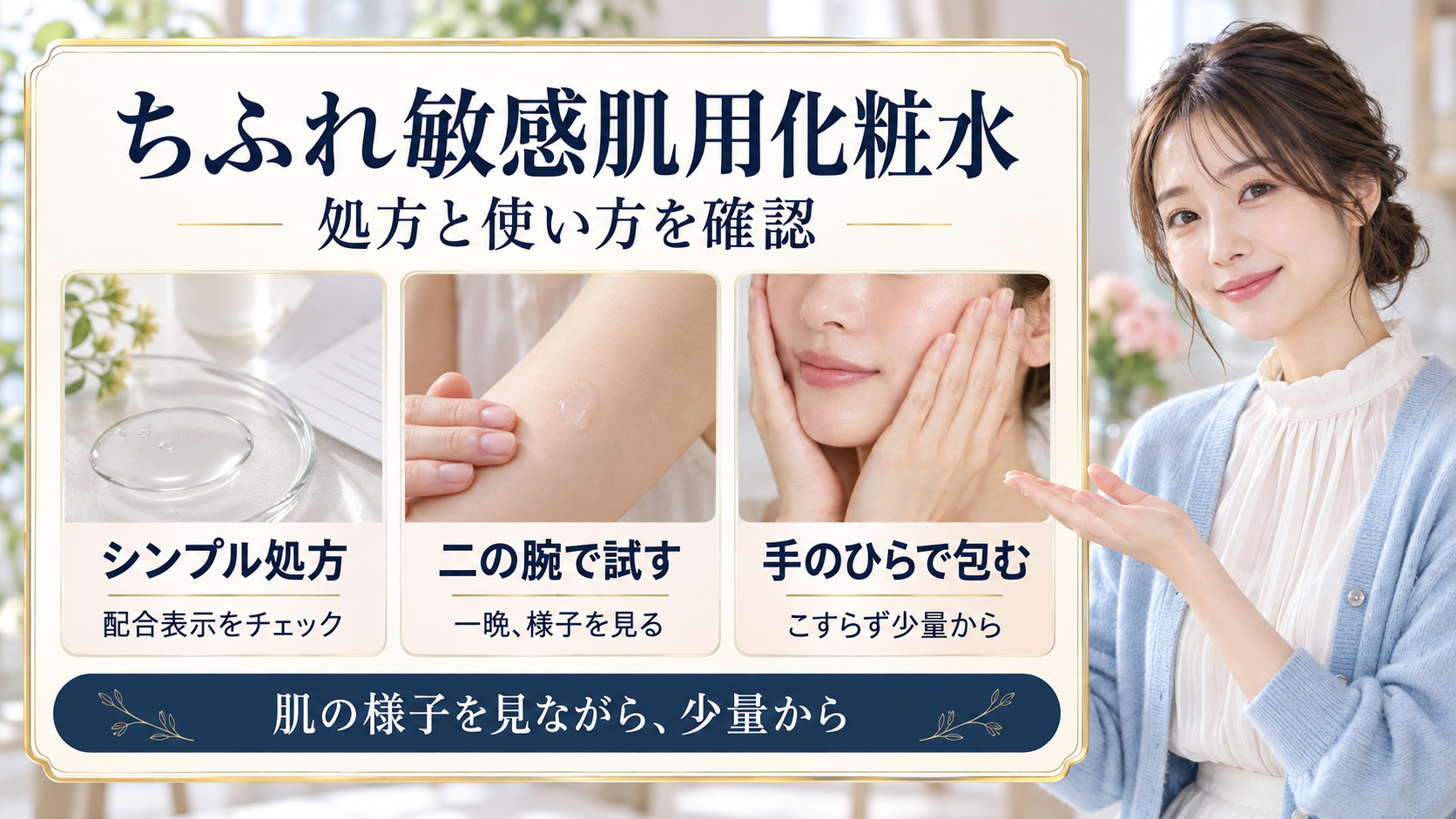 ちふれ 敏感肌用化粧水は本当に敏感肌向け？低刺激シンプル処方とゆらぎ肌のハンドプレスを図解したアイキャッチ画像