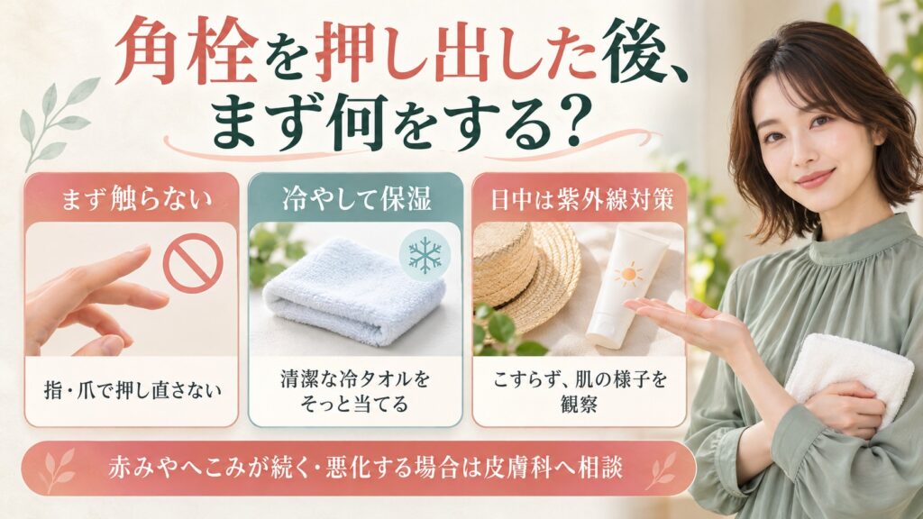 角栓を押し出した後の毛穴はどう整える？色素沈着・クレーター化を防ぐリペア術を図解したアイキャッチ画像