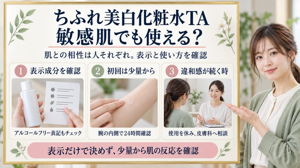 【ちふれ】美白化粧水TAは敏感肌でも使える？刺激を防ぐ使い方を図解したアイキャッチ画像