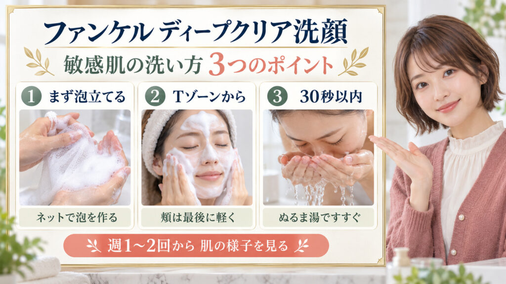 【ファンケル】ディープクリア洗顔パウダーは敏感肌も使える？刺激を防ぐ使い方を図解したアイキャッチ画像