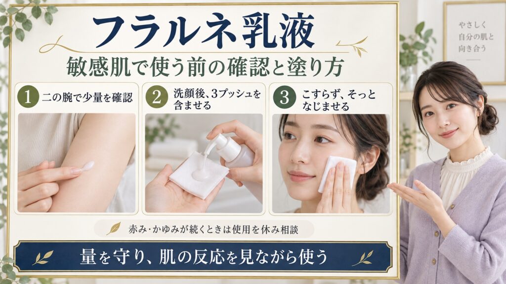 【アルビオン】フラルネフルリファインミルクは敏感肌も使える？刺激を防ぐ使い方を図解したアイキャッチ画像