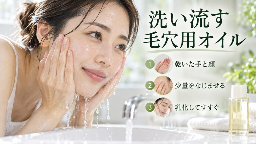 CHPT.9 ポアクリアセラムを乾いた肌になじませ、乳化してすすぐ使い方の手順