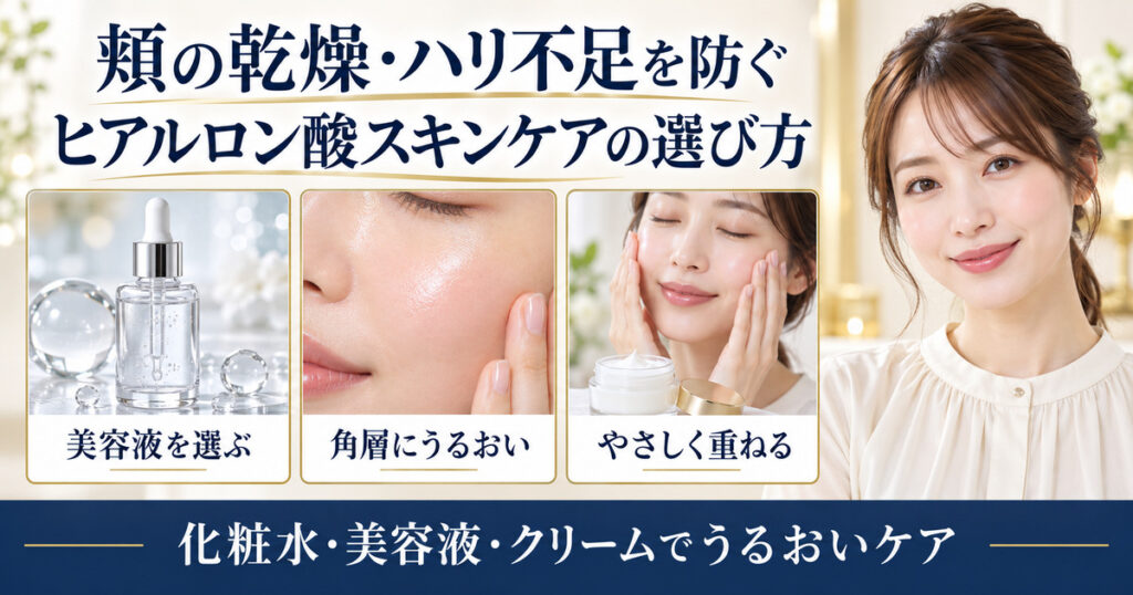 頬の乾燥とハリ不足に向けた美容液選び、角層の保湿、化粧品の重ね方を紹介する解説ボード