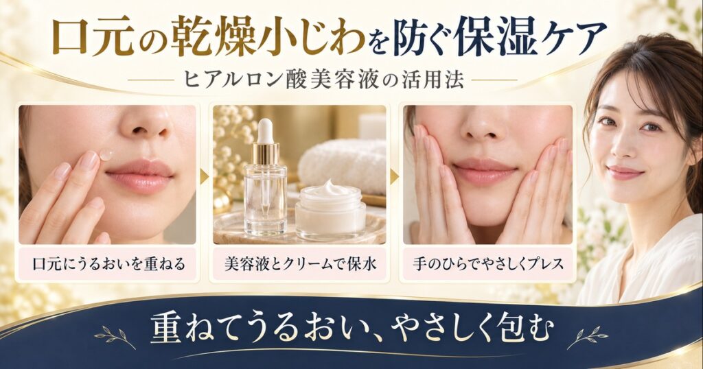 口元に美容液とクリームを重ねてうるおいを保ち、手のひらでやさしくなじませる方法を示すスキンケア解説ボード