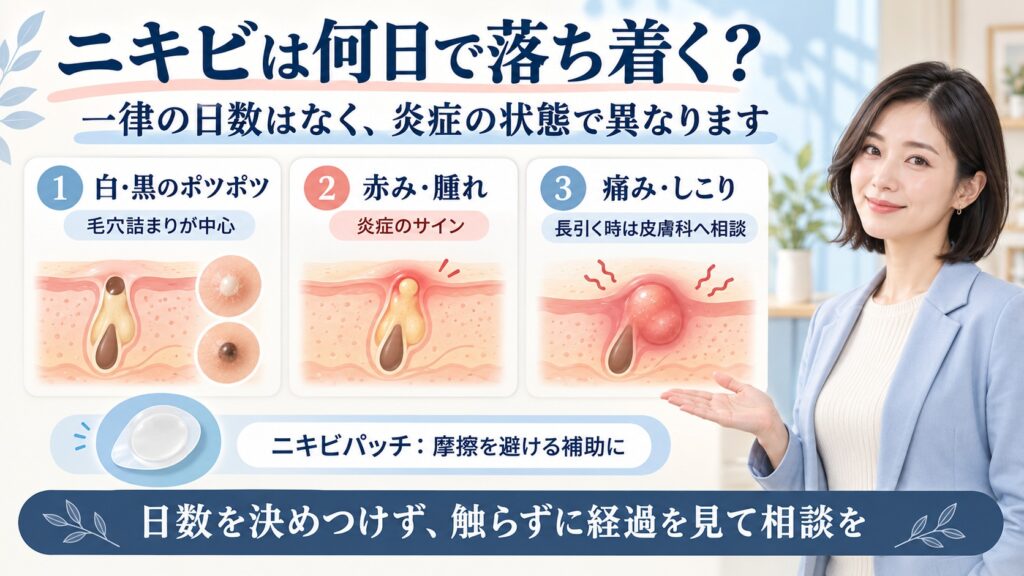 ニキビが落ち着くまで何日かかる？炎症段階別の目安と早めに鎮静化させるケア法を図解したアイキャッチ画像