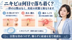 ニキビが落ち着くまで何日かかる？炎症段階別の目安と早めに鎮静化させるケア法を図解したアイキャッチ画像