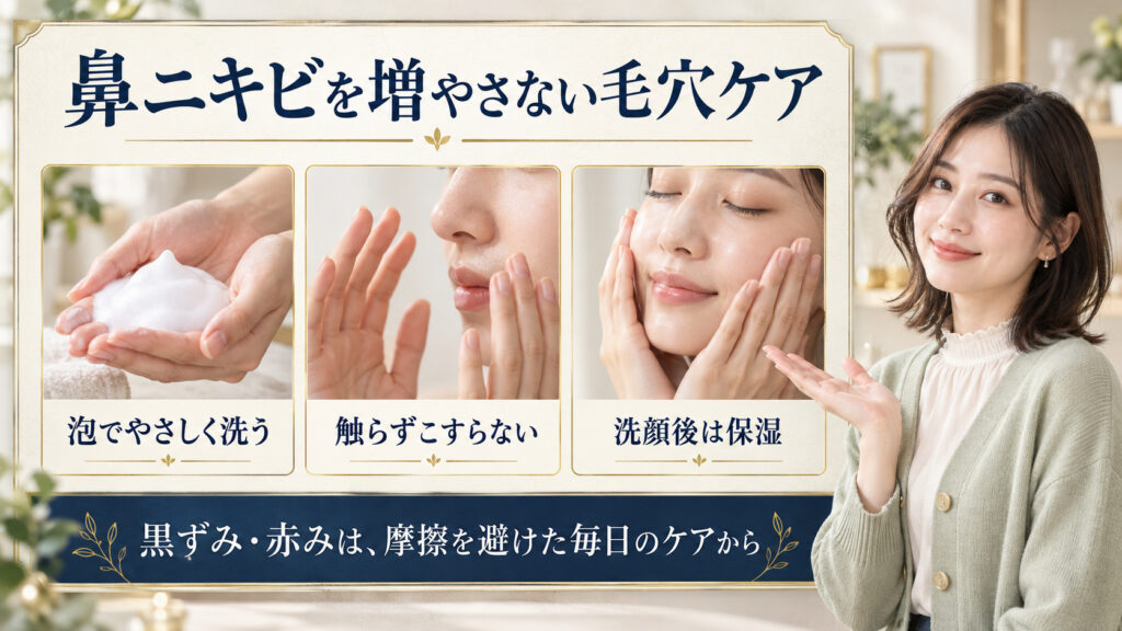 鼻の上のニキビを増やさない方法！黒ずみと赤みを防ぐ正しい毛穴ケアを図解したアイキャッチ画像