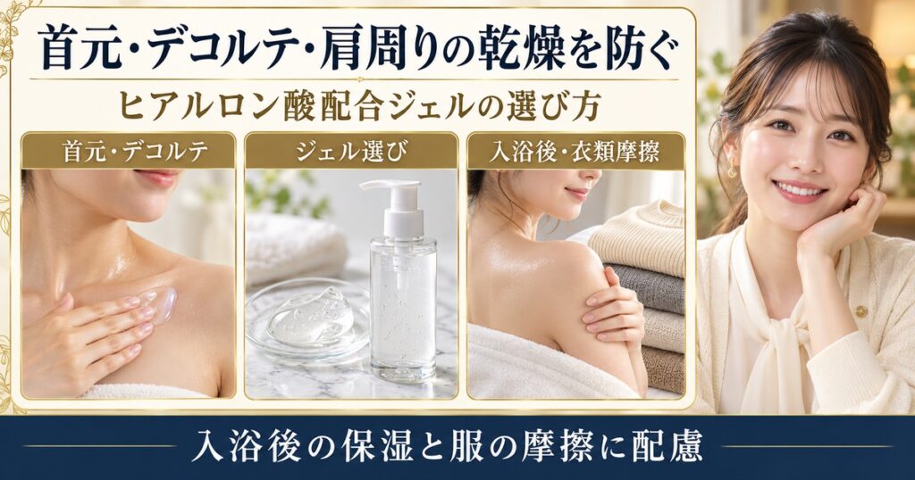 首元とデコルテへの保湿ジェル、入浴後の肌なじませ、衣類との摩擦に配慮するボディケアを紹介する解説ボード