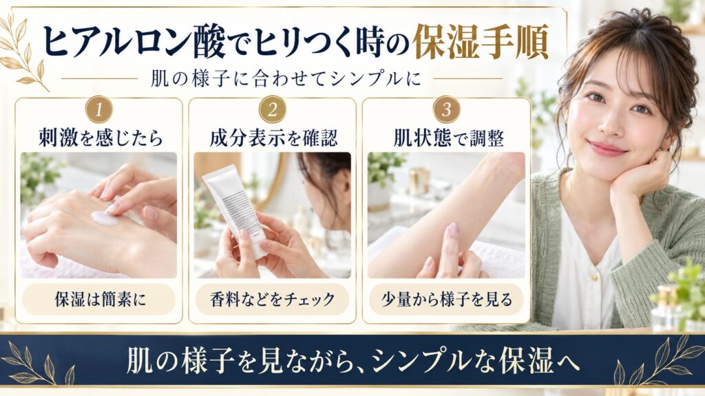 ヒアルロン酸化粧品で刺激を感じる時に成分表示と肌の様子を確認し、保湿をシンプルに整える方法を示す美容解説ボード