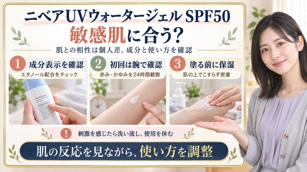 ニベアUVウォータージェルSPF50は敏感肌に合う？刺激対策と使い方を図解したアイキャッチ画像