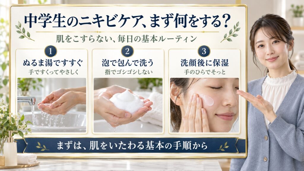中学生のニキビの正しいケア方法｜思春期肌を傷つけずに整えるスキンケア作法を図解したアイキャッチ画像