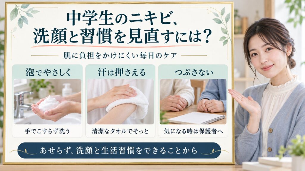 中学生のニキビを早く落ち着かせる方法とは？思春期肌を守る洗顔と習慣を図解したアイキャッチ画像