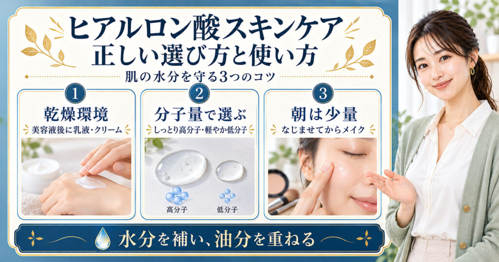 乾燥環境での保湿、分子量に合わせた選択、美容液を朝に使うポイントを説明するスキンケア解説ボード