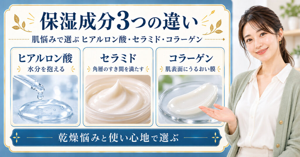 ヒアルロン酸・セラミド・コラーゲンの保水の違いを3つの化粧品テクスチャーで比較する美容解説ボード