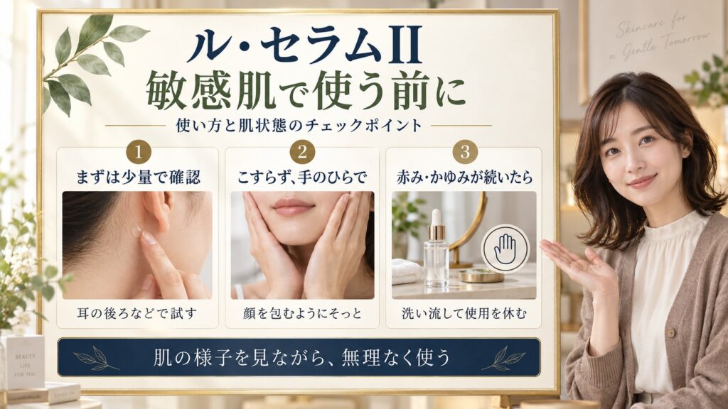 ル・セラムIIは敏感肌でも使える？ピリつきを防ぐ優しいファーストケアを図解したアイキャッチ画像