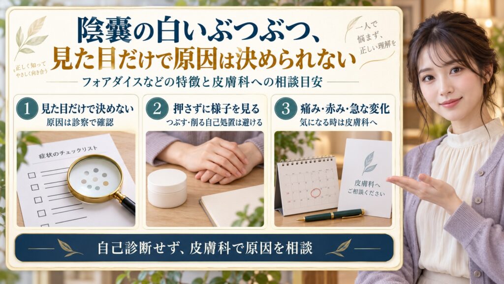 金玉や陰嚢の白いぶつぶつ毛穴の正体｜フォアダイスの特徴と3つの鉄則を図解したアイキャッチ画像