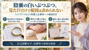 金玉や陰嚢の白いぶつぶつ毛穴の正体｜フォアダイスの特徴と3つの鉄則を図解したアイキャッチ画像