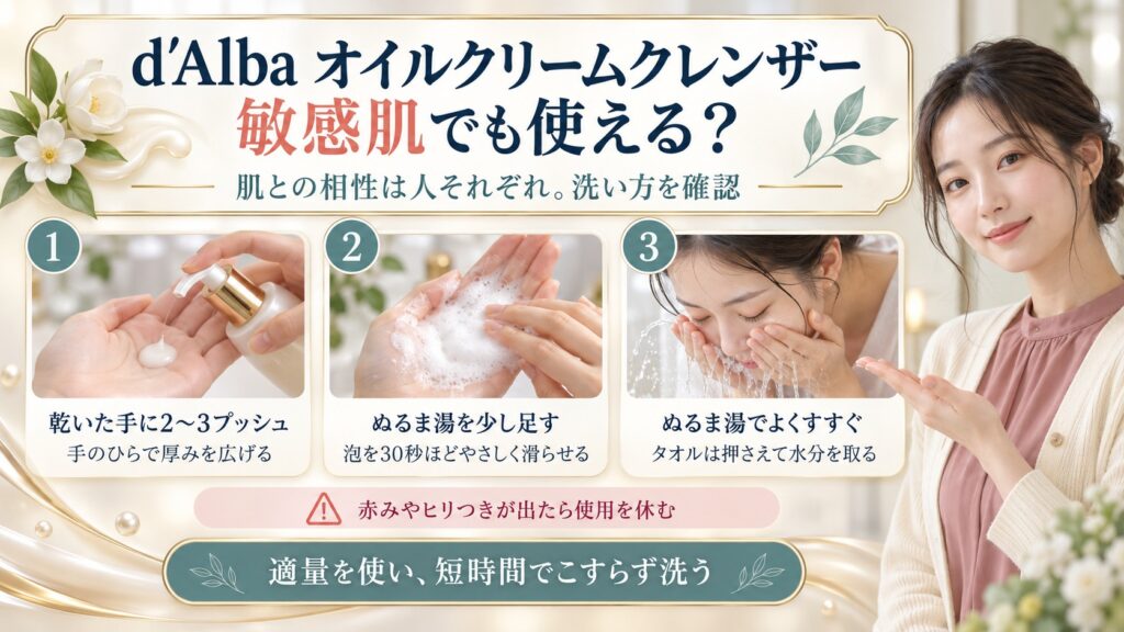 d'Albaオイルクリームクレンザーは敏感肌でも使える？摩擦を防ぐ低刺激洗顔を図解したアイキャッチ画像
