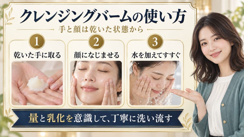 クレンジングバームを乾いた手に取りなじませてすすぐ3ステップ