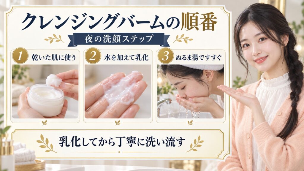 夜のクレンジングバーム使用順を乾いた肌、乳化、すすぎの3ステップで説明するアイキャッチ