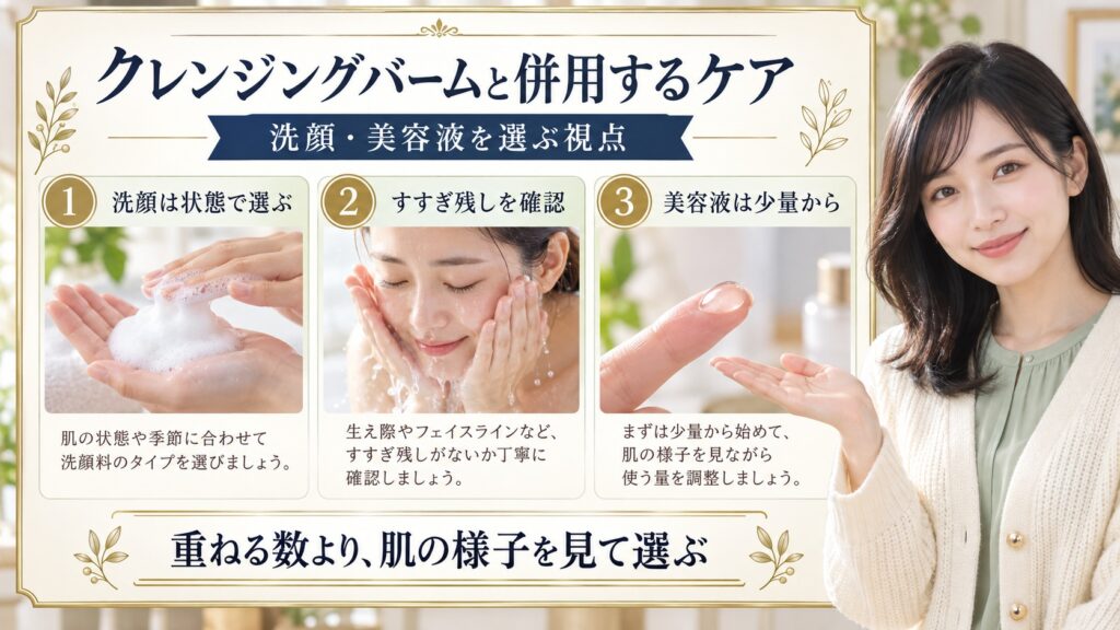 洗顔料の選び方、すすぎ残しの確認、美容液の量を説明するアイキャッチ
