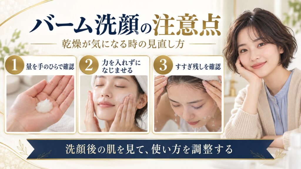 バーム洗顔の量、肌へのなじませ方、すすぎ残し確認を説明するアイキャッチ
