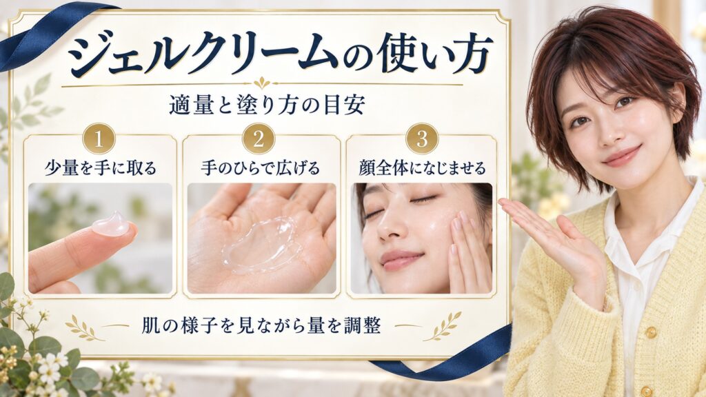 ジェルクリームの量を手に取り、広げて顔になじませる手順を紹介するアイキャッチ