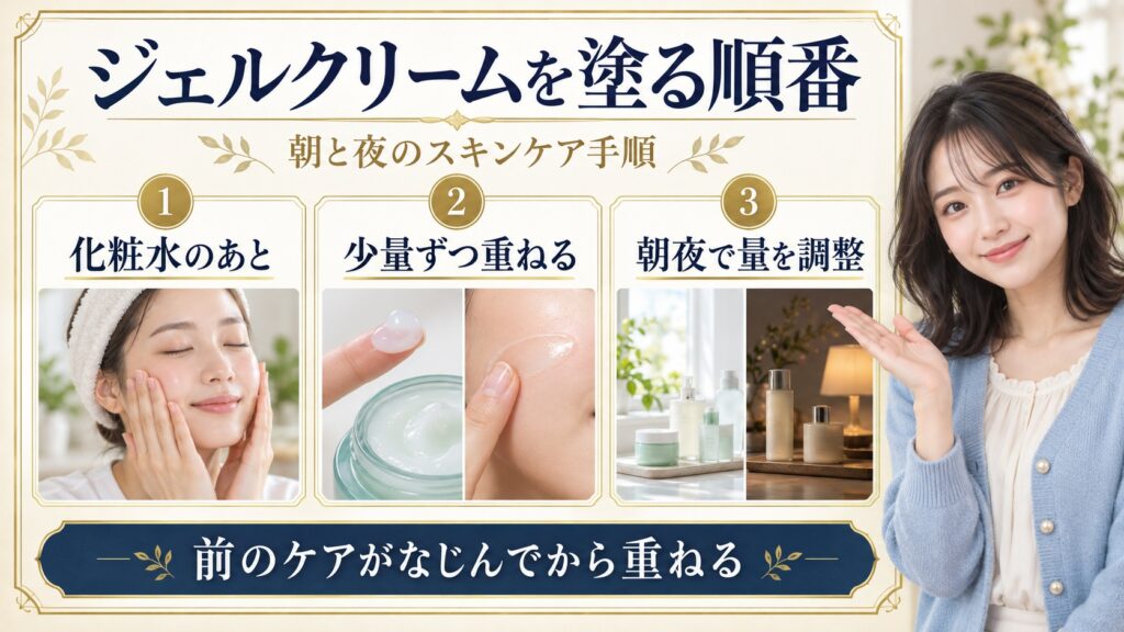化粧水のあとにジェルクリームを重ねる朝夜の手順を紹介するアイキャッチ