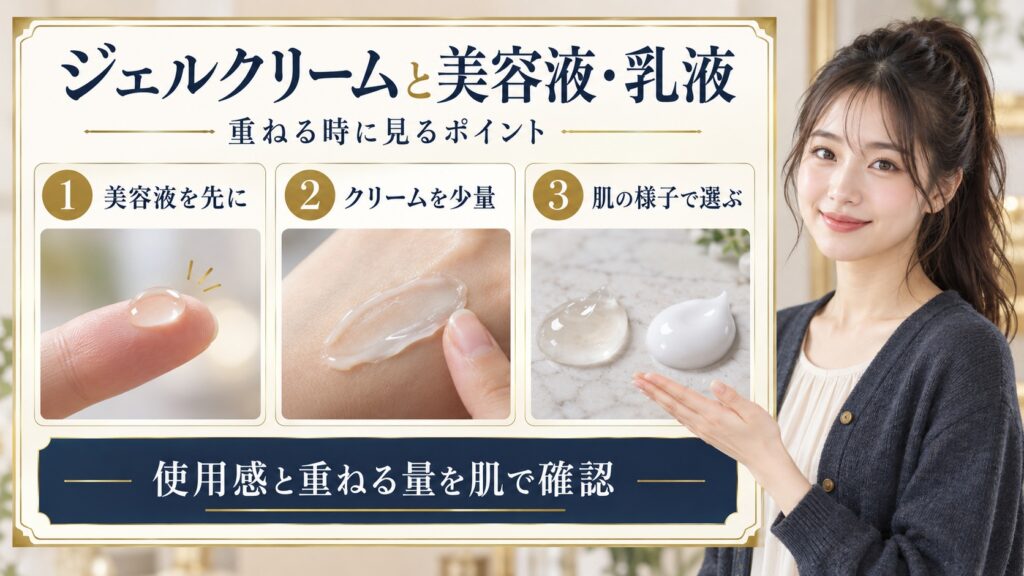 美容液を先に使い、ジェルクリームを少量重ねるポイントを紹介するアイキャッチ