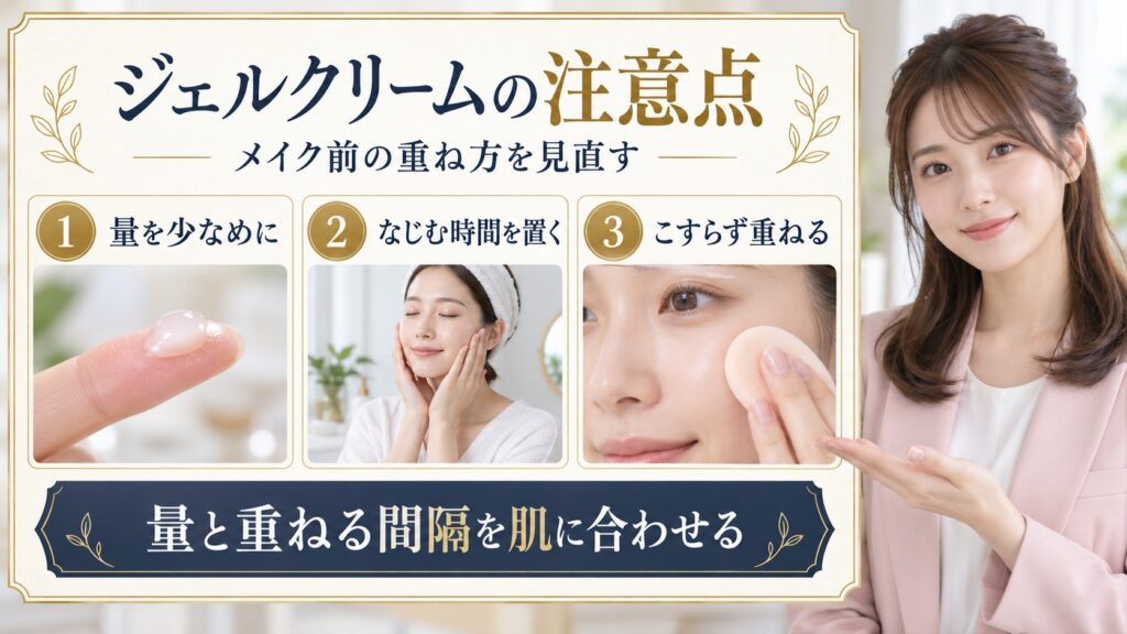 ジェルクリームを少量にしてなじむ時間を置き、メイクを重ねる順番を紹介するアイキャッチ