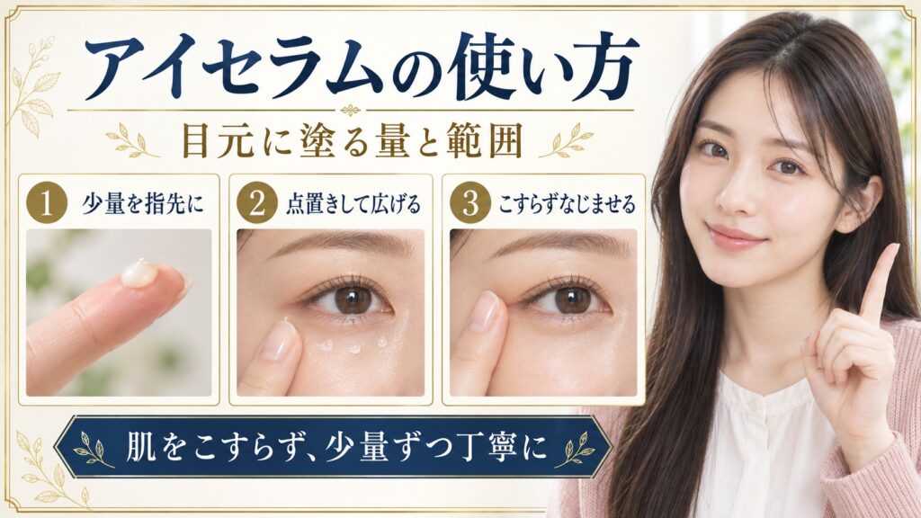 目元にアイセラムを少量ずつ点置きしてなじませる手順を紹介するアイキャッチ