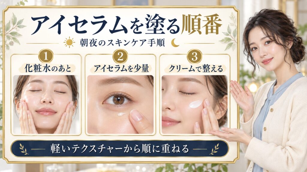 化粧水のあとにアイセラムを少量塗り、クリームを重ねる順番を紹介するアイキャッチ