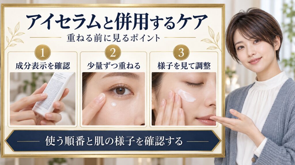 アイセラムを他のケアと重ねる前に成分表示や使用順を確認するアイキャッチ