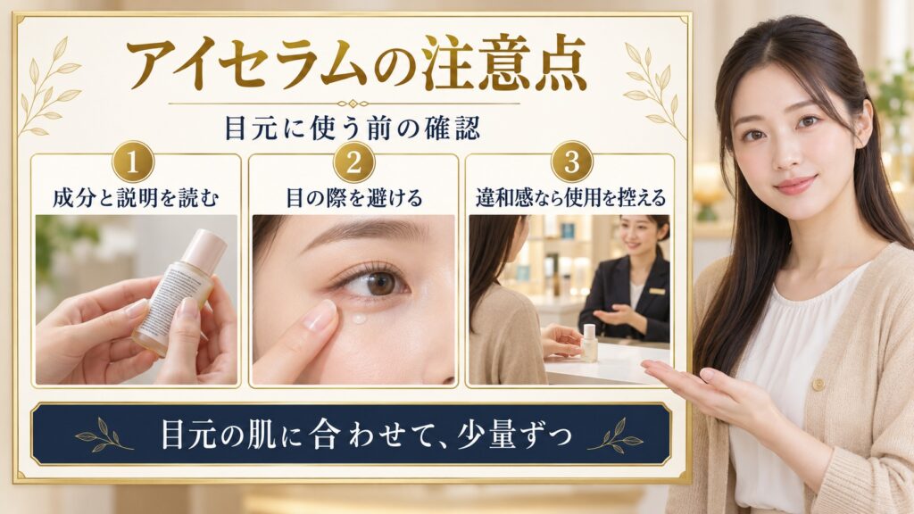 目元用セラムの説明確認、塗る位置、違和感がある時のポイントを紹介するアイキャッチ