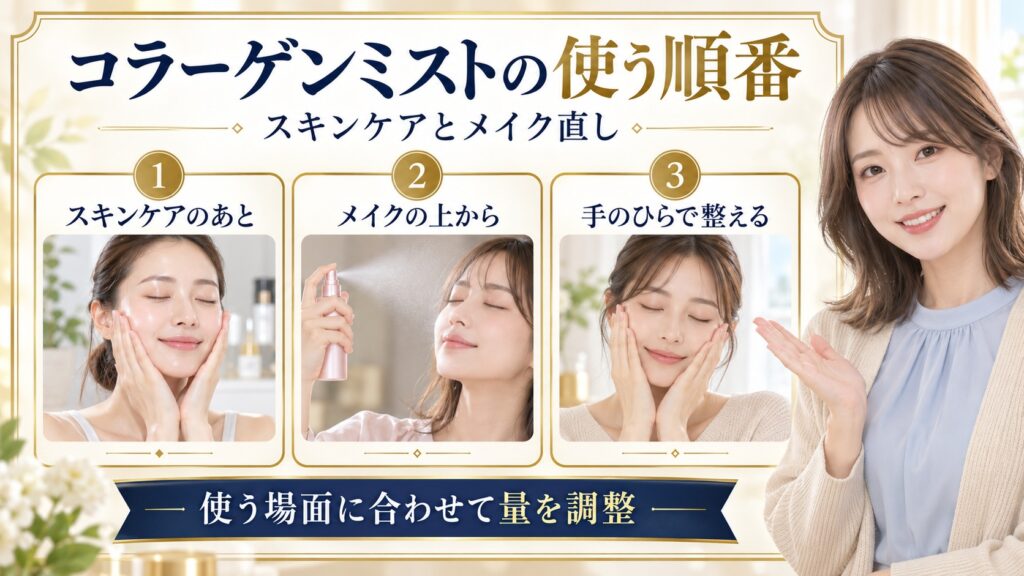 スキンケア後やメイクの上からミストを使う手順を紹介するアイキャッチ
