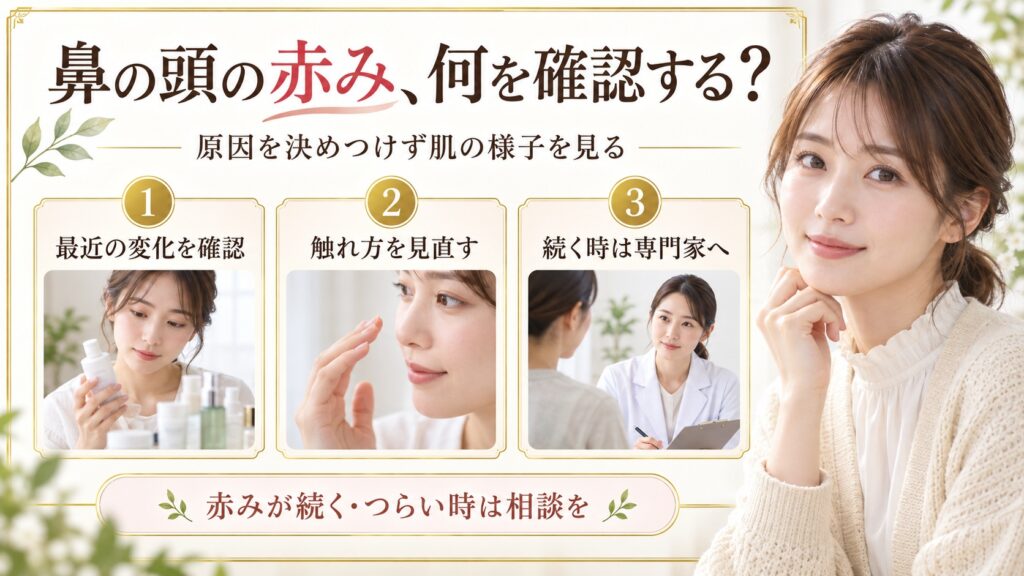 鼻の赤みの原因を決めつけず、最近の変化や触れ方、相談の目安を確認するアイキャッチ