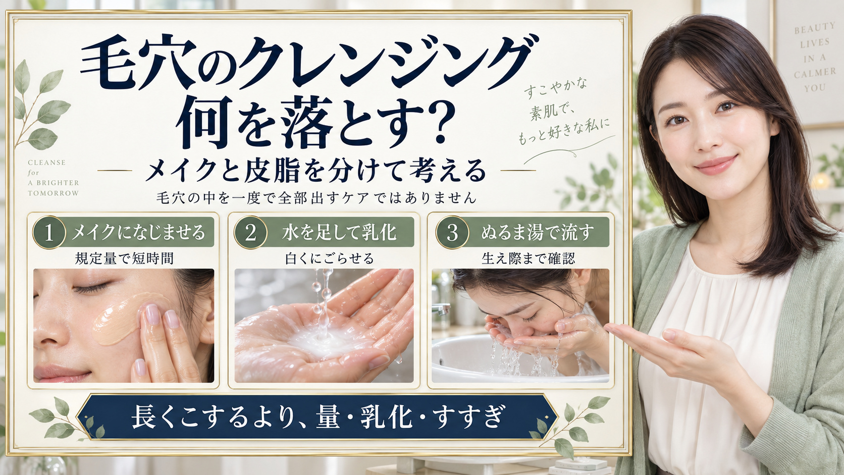 毛穴のクレンジングは何を落とす?メイクと皮脂を分けて考える基本。3枚の実写カードで要点を説明。