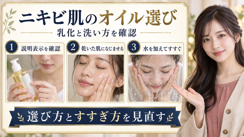 クレンジングオイルの表示を確認し、乾いた肌になじませてすすぐ手順を紹介するアイキャッチ