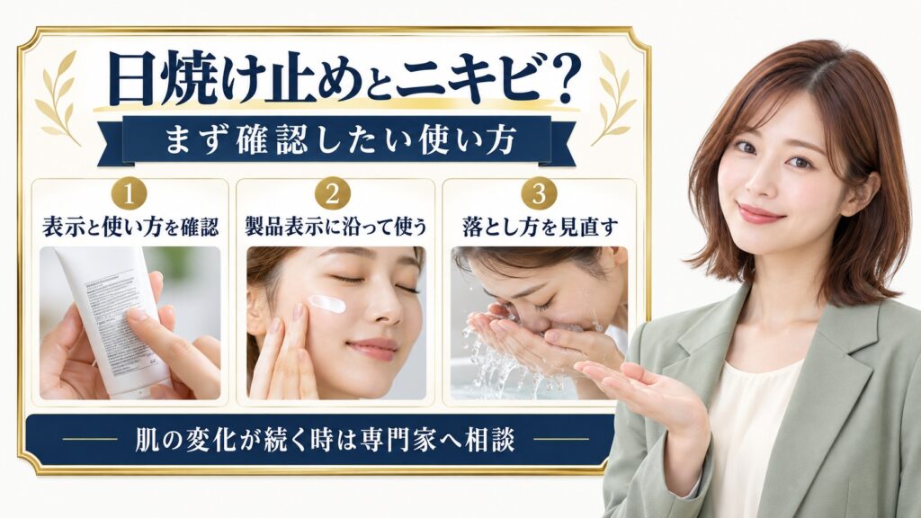 日焼け止めの製品表示や使い方、落とし方を確認するポイントを紹介するアイキャッチ