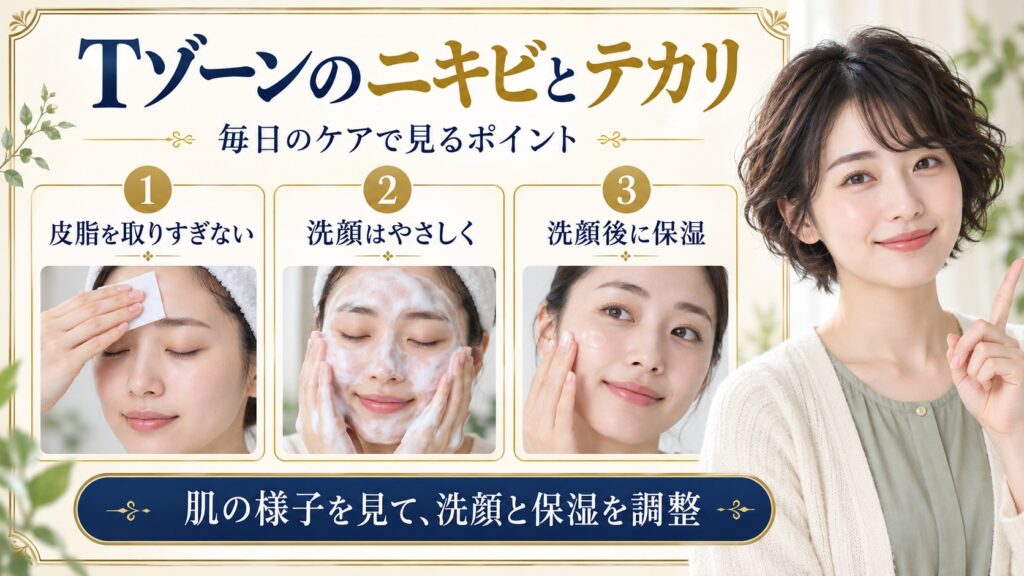Tゾーンの皮脂を取りすぎず、洗顔後に保湿する手順を紹介するアイキャッチ