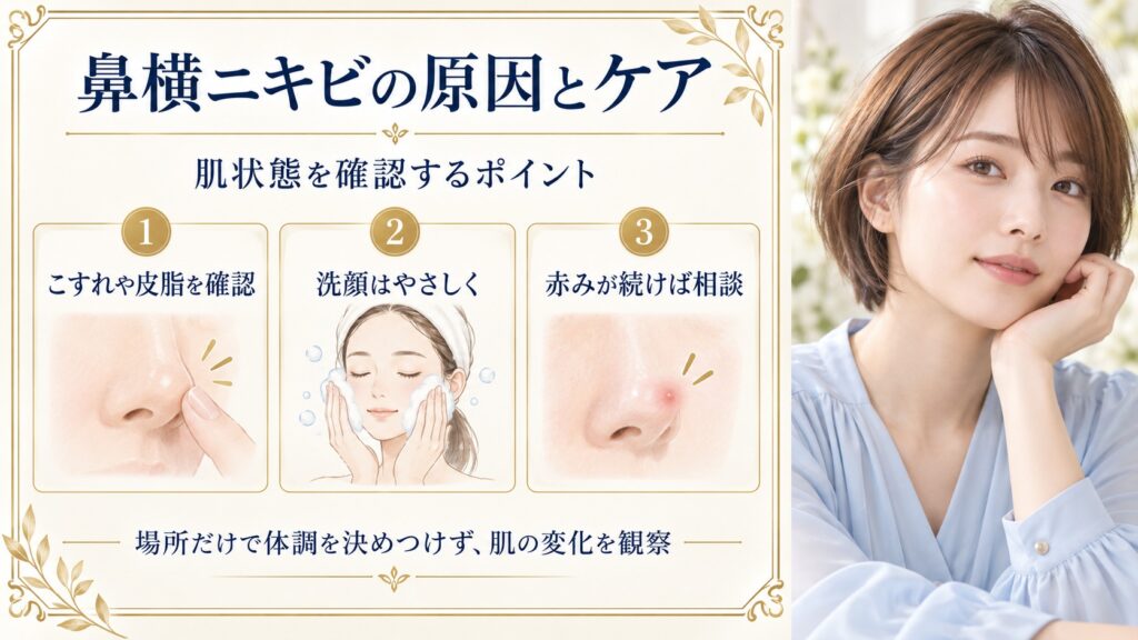 鼻横ニキビの位置だけで体調を判断せず、肌の変化を見るポイントを示すアイキャッチ
