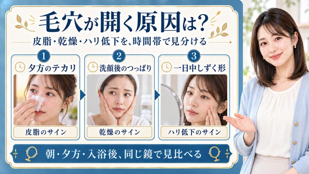 毛穴が開く原因は？皮脂・乾燥・ハリ低下を時間帯で見分ける方法。3枚の実写カードで要点を説明。