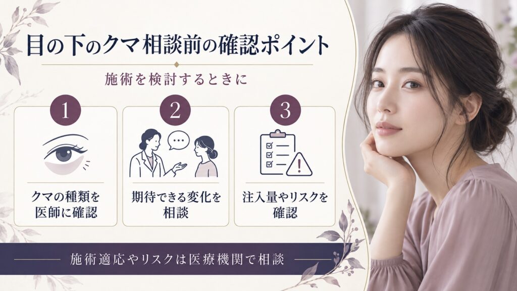 目の下のクマについて医師に確認したい種類や注入のリスクを示すアイキャッチ