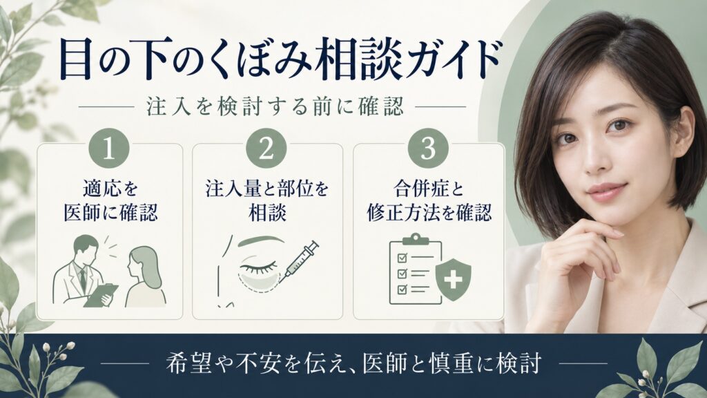 目の下のくぼみへの注入を検討する際、適応や合併症を医師に確認するアイキャッチ