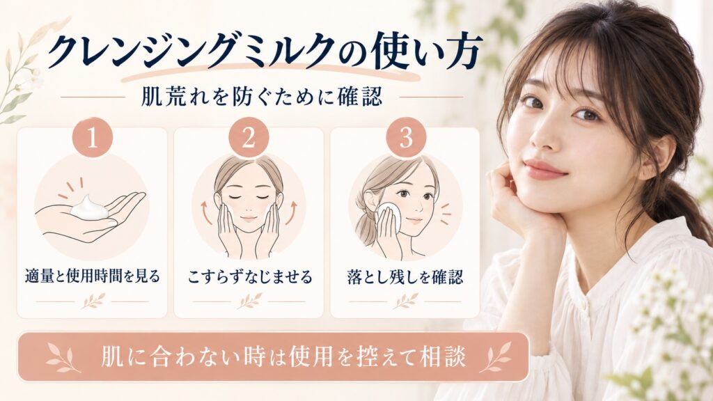 クレンジングミルクの使用量やなじませ方、肌に合わない時の確認ポイントを示すアイキャッチ