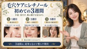 毛穴ケアにレチノールは使える？初めての3週間スケジュール。3枚の実写カードで要点を説明。