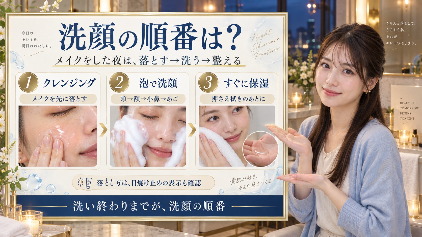 洗顔の順番は?クレンジングから保湿までの流れと顔の洗い進め方。3枚の実写カードで要点を説明。