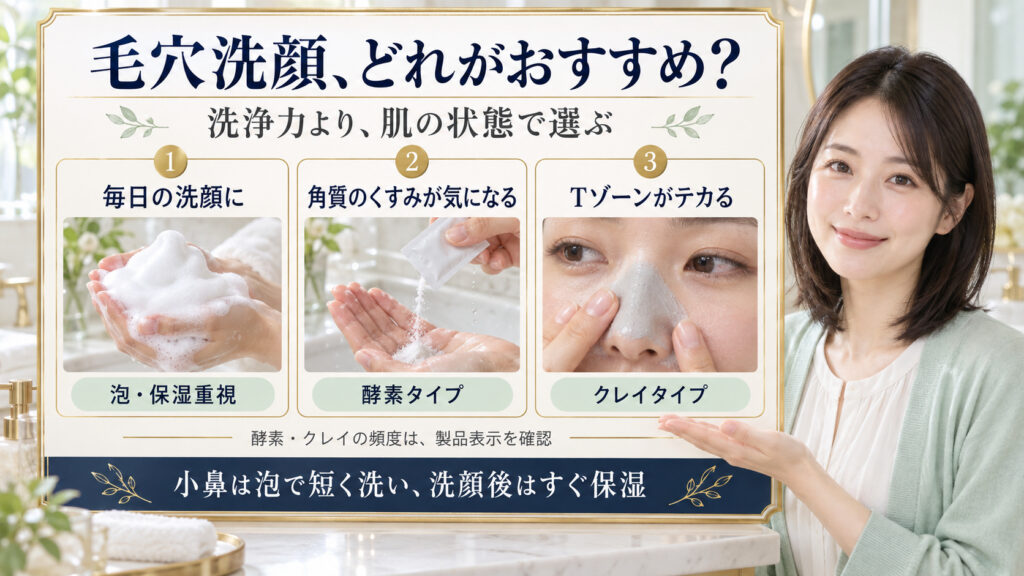 毛穴洗顔のおすすめは？肌タイプ別の選び方と正しい洗い方のコツ。3枚の実写カードで要点を説明。