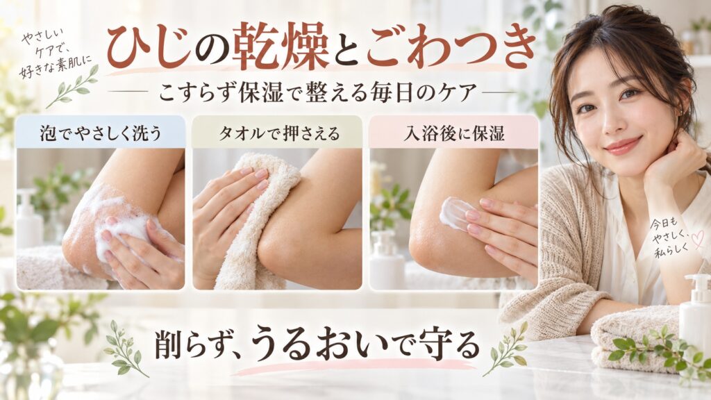 ひじの乾燥とごわつき──こすらず保湿で整える毎日のケア｜Chocobraアイキャッチ