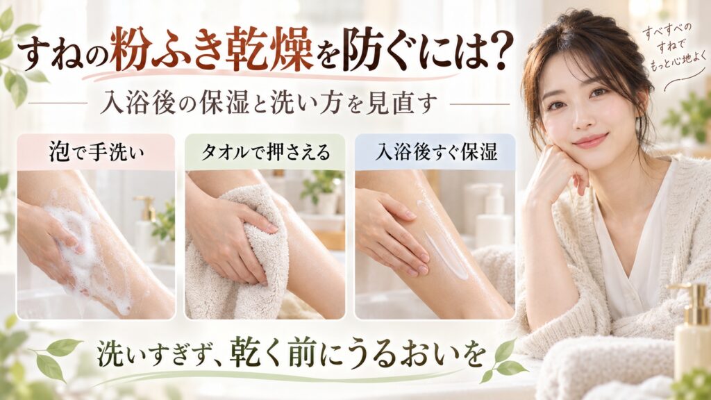 すねの粉ふき乾燥を防ぐには？入浴後の保湿と洗い方の見直し｜Chocobraアイキャッチ